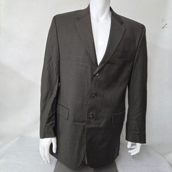 Ralph Lauren Wool Cashmere Plaid Sport Coat Blazer Men Size 44L Dark Gray Preppy